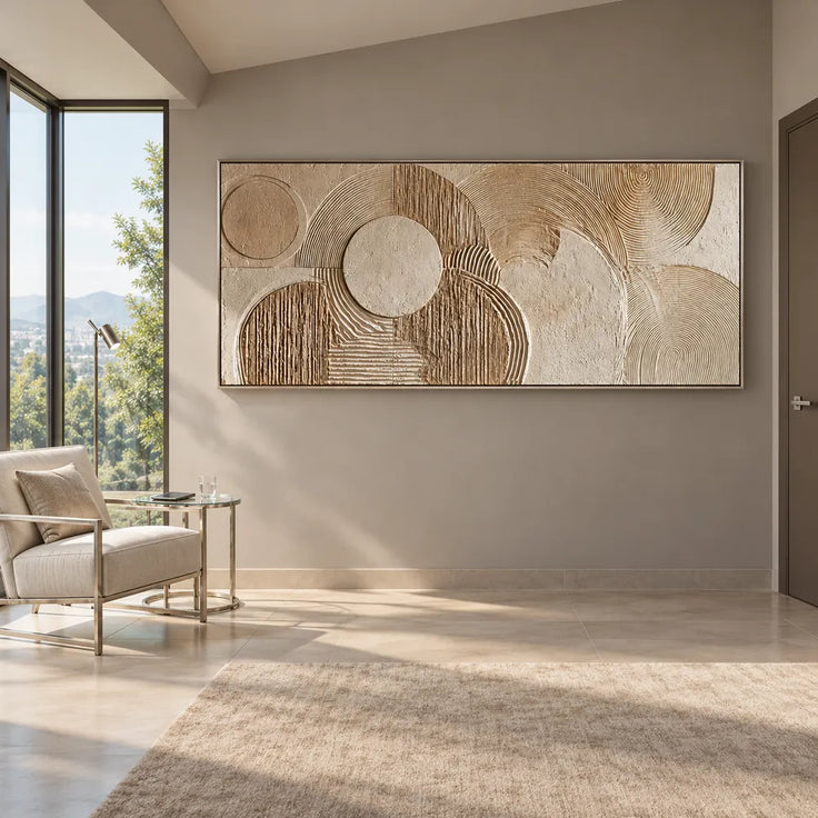 Beige Hand-Painted 3D Textured Oil Painting, Overlapping Circle Abstract #KM0VJQUO