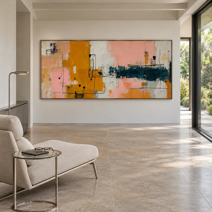 Ochre and Blush Hand-Painted Oil Painting, Linear Color Block Abstract #XNGHPZZP