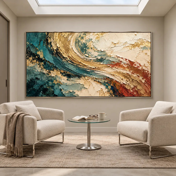 Teal and Ochre Hand-Painted Oil Painting, Sweeping Abstract Color Bands #VERH37SP