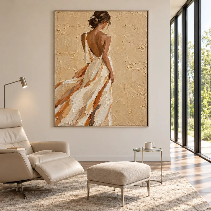 Beige and Cream Hand-Painted Oil Painting, Woman in a Flowing White Dress #5PM5BZHA