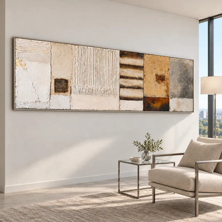 Cream Ochre Hand-Painted 3D Textured Oil Painting, Linear Blocks Wall Art #B57XEPUQ
