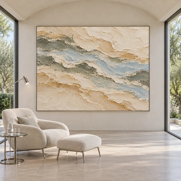 Beige Hand-Painted Oil Painting, Pale Layered Abstract with Blue Gray #3M9L7HZQ