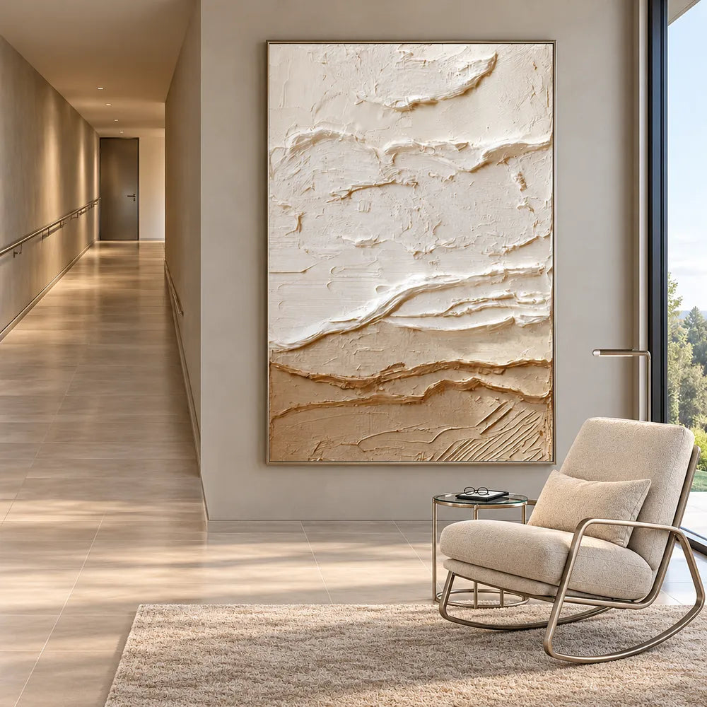 Ivory and Sand Hand-Painted 3D Textured Oil Painting, Horizontal Band Abstract #UP0DLY3U