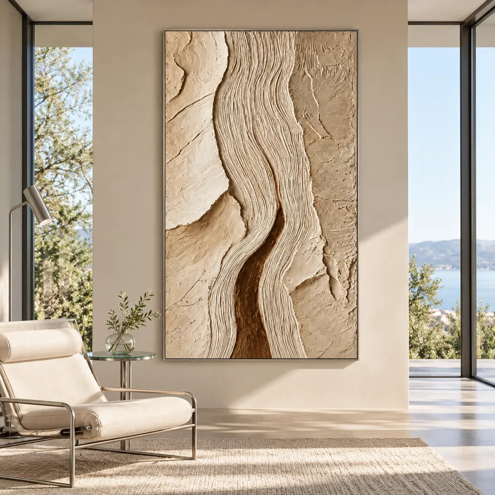 Cream Tan Hand-Painted 3D Textured Oil Painting, Winding Ridges Wall Art #4U0FQXUW