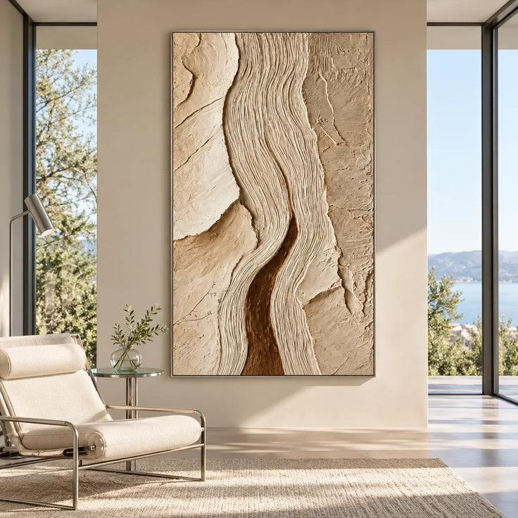Cream Tan Hand-Painted 3D Textured Oil Painting, Winding Ridges Wall Art #4U0FQXUW