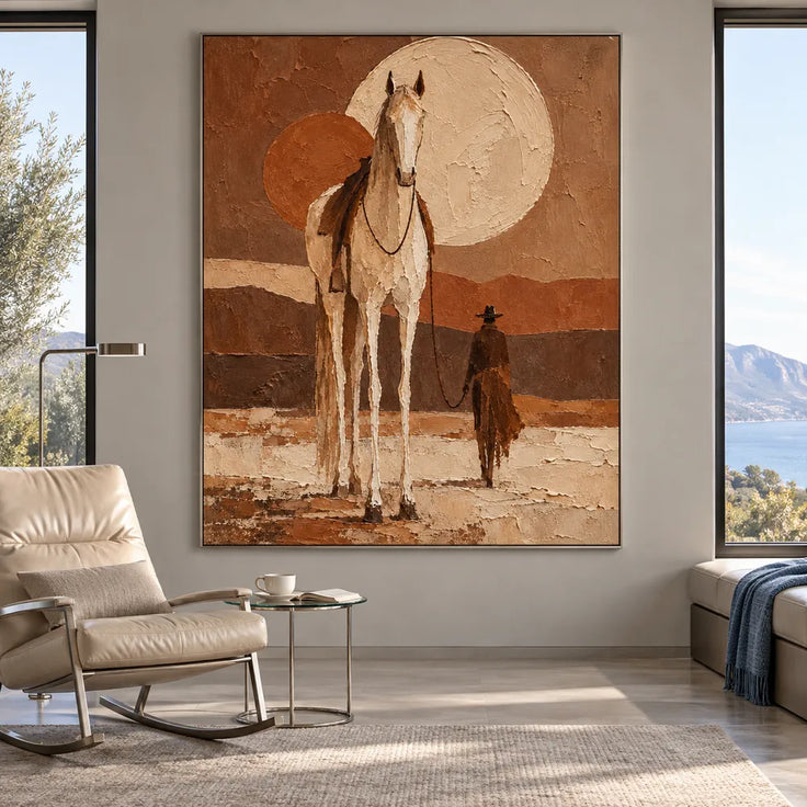 Earth-Tone Hand-Painted Oil Painting, Tall White Horse and Cowboy #SSW3XYPZ