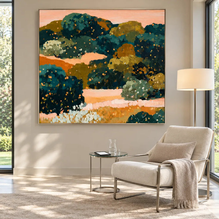 Deep Green and Ochre Hand-Painted Oil Painting, Abstract Garden Landscape #SBRV3BHR