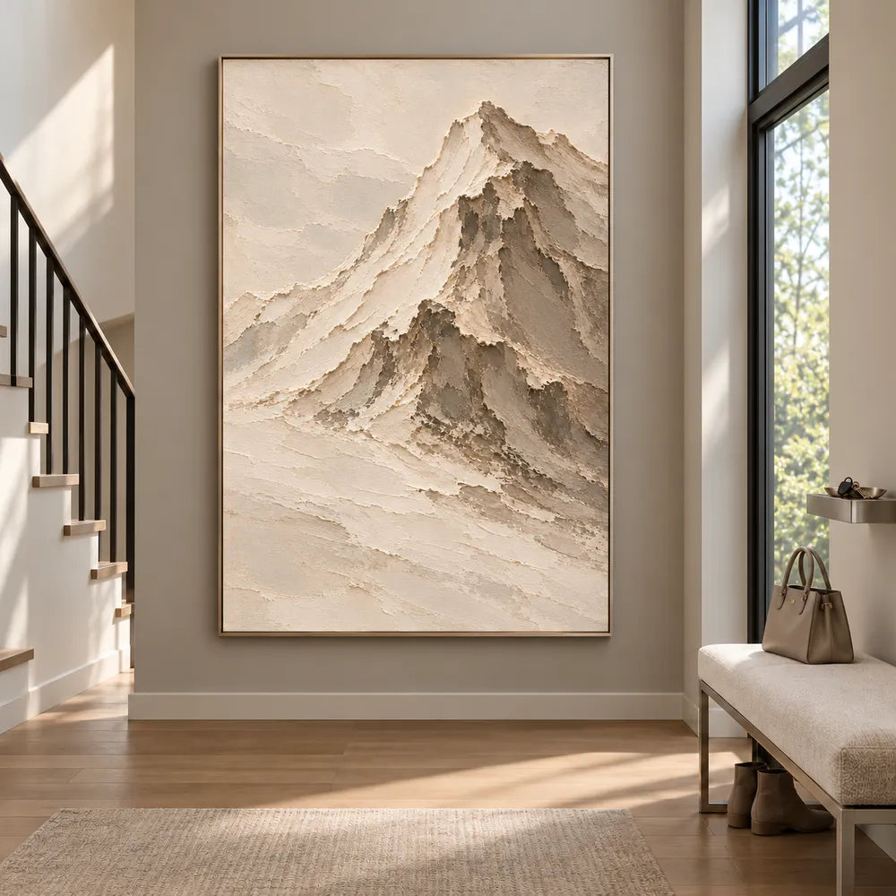 Beige Hand-Painted Mountain Painting, Asymmetric Cream Summit #LEVVY5F3