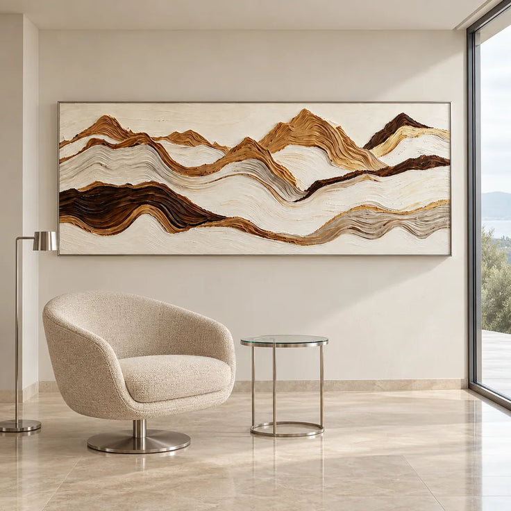 Cream & Brown Hand-Painted 3D Textured Oil Painting, Panoramic Mountain Landscape Wall Art #L7N7S073