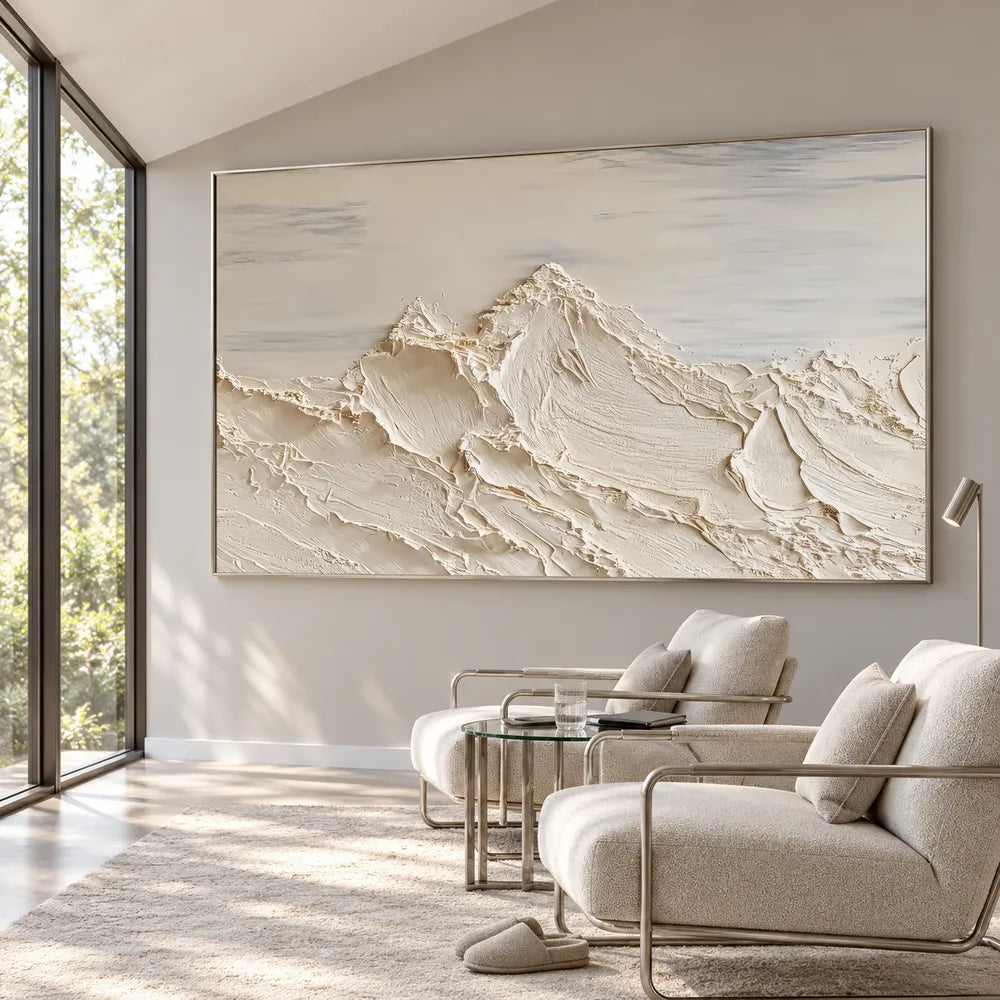 Ivory Hand-Painted 3D Textured Oil Painting, Mountain Peaks Beneath a Soft Gray Sky #0MQBQEM1