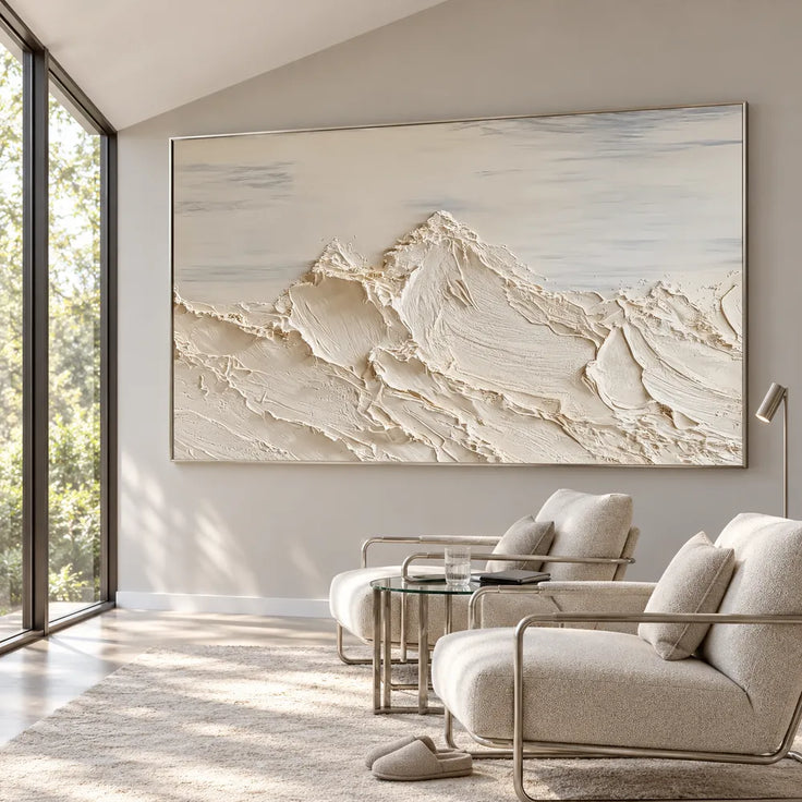 Ivory Hand-Painted 3D Textured Oil Painting, Mountain Peaks Beneath a Soft Gray Sky #0MQBQEM1
