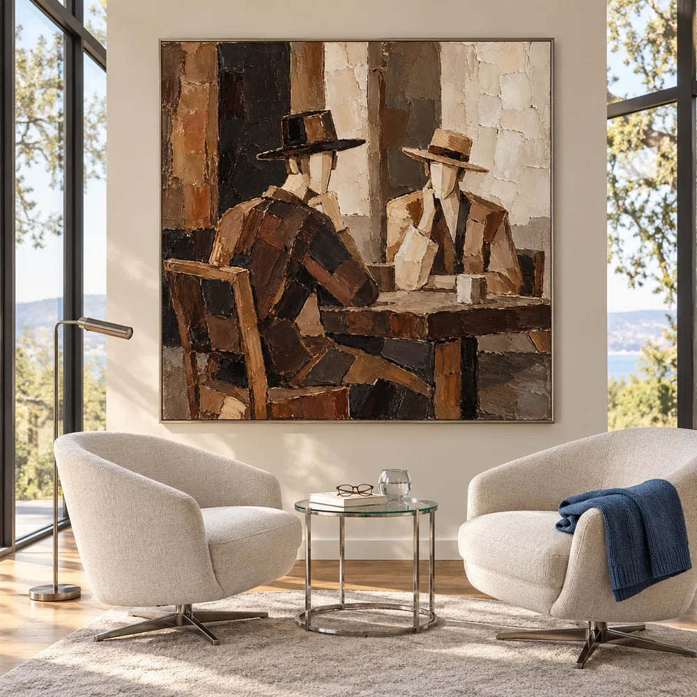 Brown Hand-Painted Oil Painting, Two Hat-Wearing Figures at a Table #0C7HVNB7