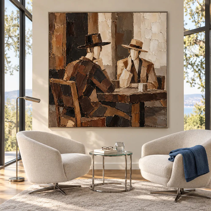 Brown Hand-Painted Oil Painting, Two Hat-Wearing Figures at a Table #0C7HVNB7