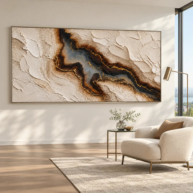 Cream Hand-Painted 3D Textured Oil Painting, Dark Mineral Vein Wall Art #4AKNUHGG