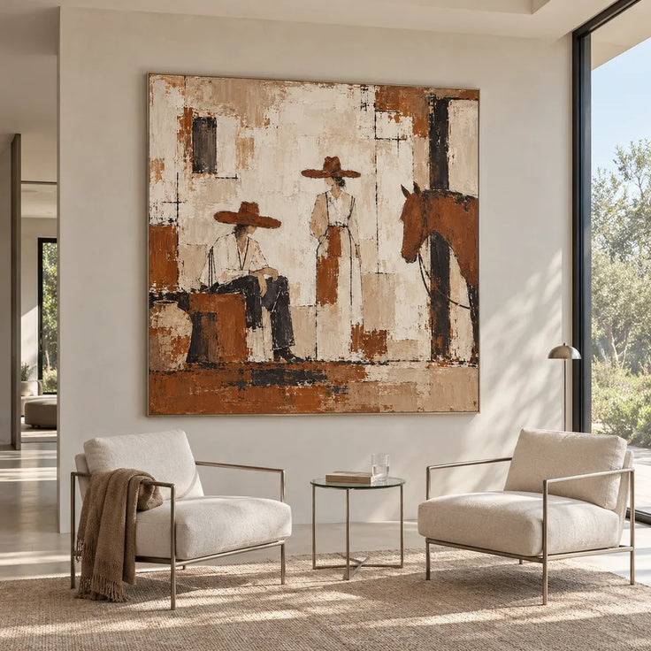 Cream and Brown Hand-Painted Oil Painting, Western Figures with a Horse #5Z6JSBUO