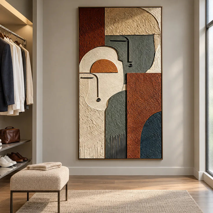 Earth-Tone Hand-Painted 3D Textured Oil Painting, Two Geometric Faces #CIED8WA9