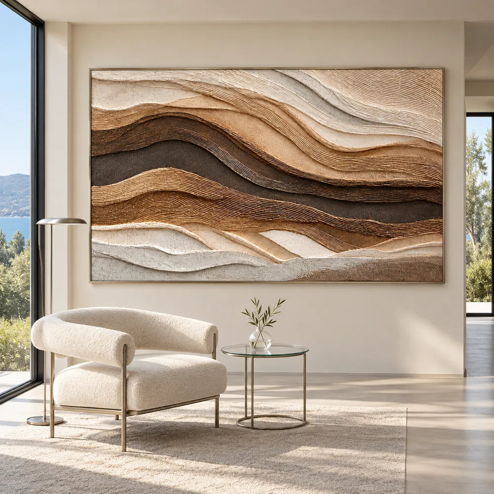 Brown Cream Hand-Painted 3D Textured Oil Painting, Rolling Strata Wall Art #WMVP53K9