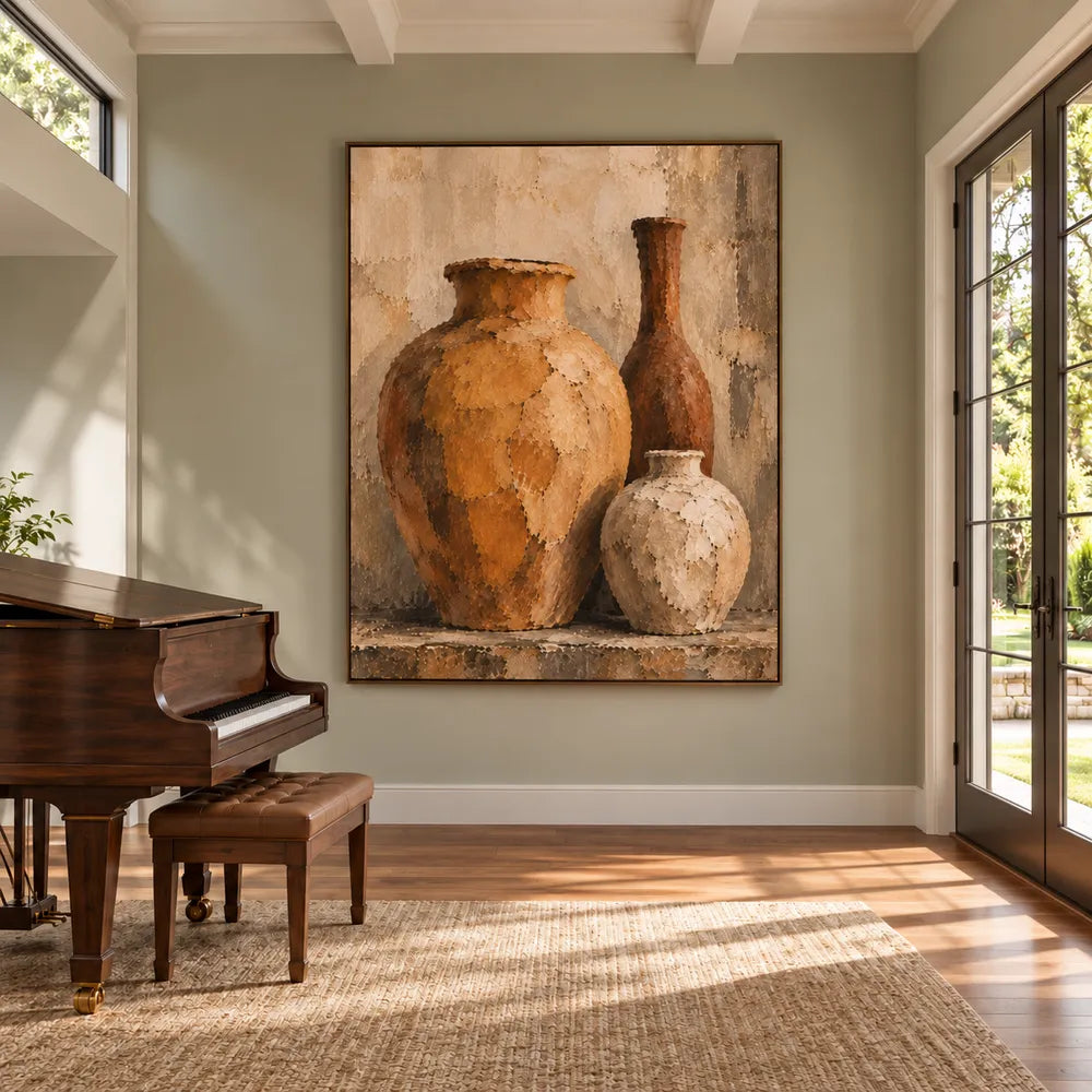 Ochre & Cream Hand-Painted Oil Painting, Three-Vessel Still Life Wall Art #198HZFBY