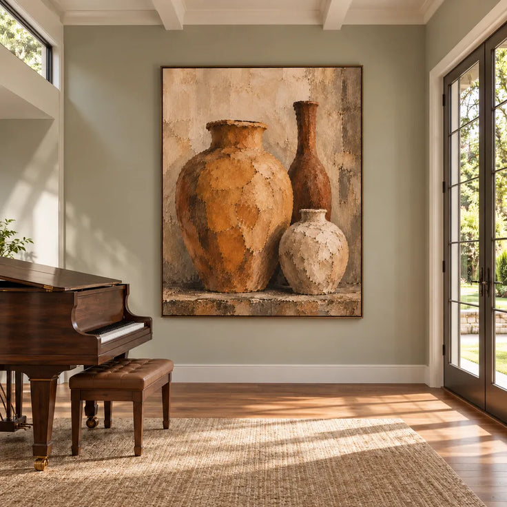 Ochre & Cream Hand-Painted Oil Painting, Three-Vessel Still Life Wall Art #198HZFBY
