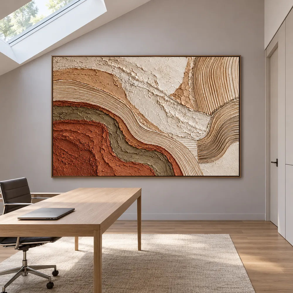Cream & Terracotta Hand-Painted 3D Textured Oil Painting, Flowing Abstract Curves #3SOTHGWA