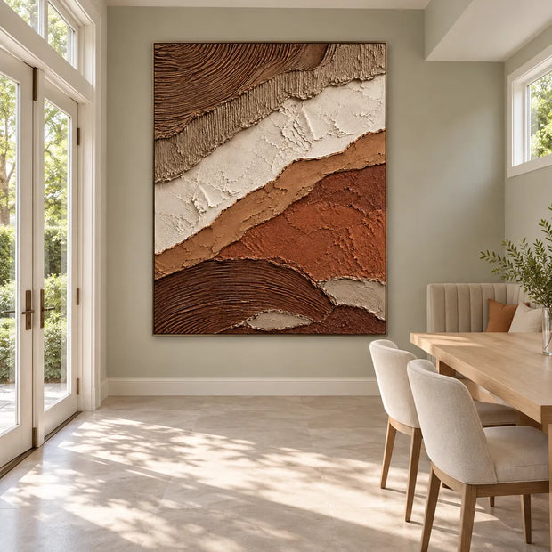Brown & Ivory Hand-Painted 3D Textured Oil Painting, Diagonal Earth-Tone Abstract Wall Art #S6B3TVFK