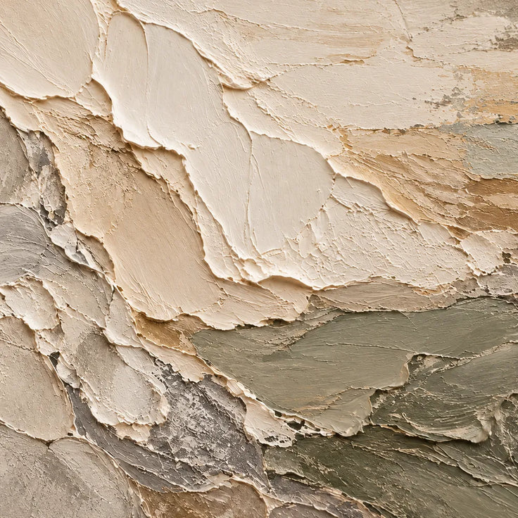 Cream and Olive Hand-Painted 3D Textured Oil Painting, Interlocking Abstract Layers #5NBBMJRS