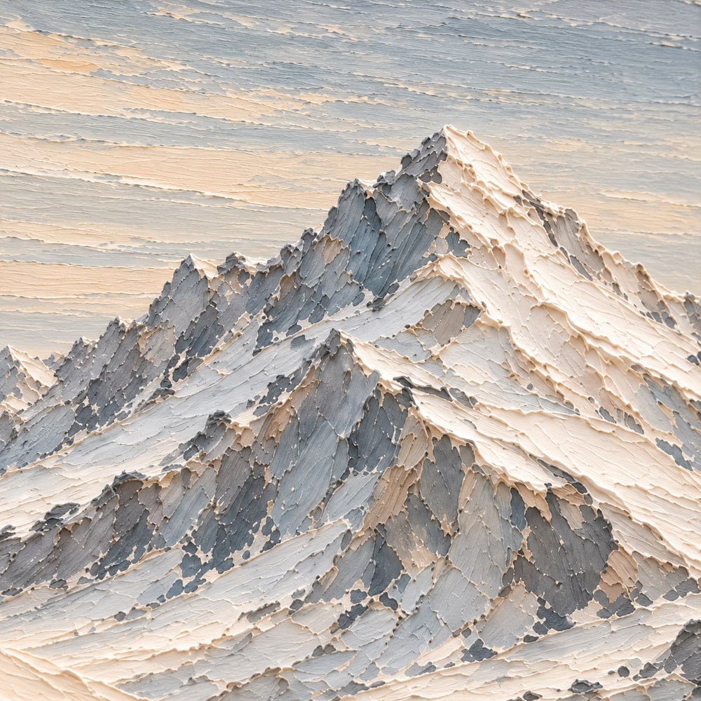 Ivory and Blue-Gray Hand-Painted 3D Textured Oil Painting, Snowy Mountain Peaks #WX7ZWCKG