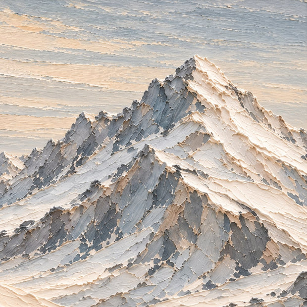 Ivory and Blue-Gray Hand-Painted 3D Textured Oil Painting, Snowy Mountain Peaks #WX7ZWCKG