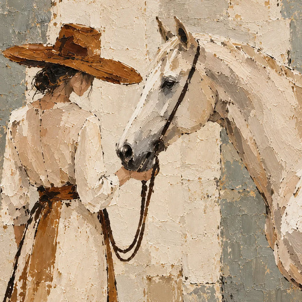 Beige Hand-Painted Oil Painting, White Horse with a Hat-Wearing Figure in a Long Dress #YP23T758