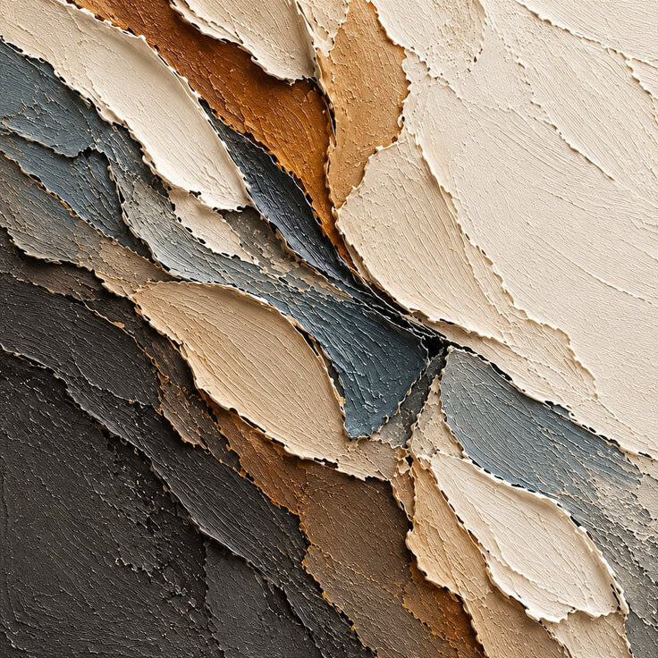 Cream and Charcoal Hand-Painted 3D Textured Oil Painting, Layered Abstract Planes #PZV3FE5N