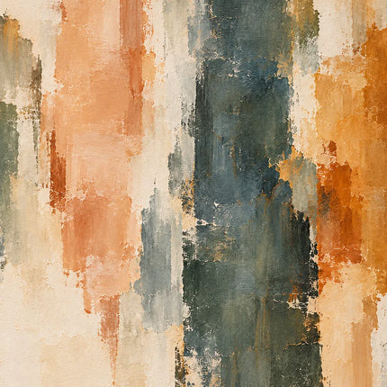 Cream Hand-Painted Oil Painting, Off-Center Vertical Bands in Gray-Green, Peach and Ochre #Y99VV63O