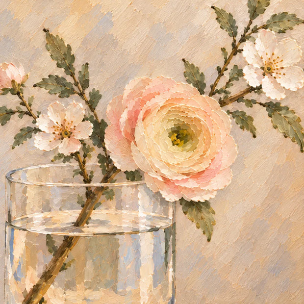 Cream Blush Hand-Painted Oil Painting | Flowers Beside a Window #7YRL9Y9H