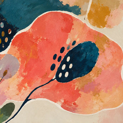 Multicolor Hand-Painted Oil Painting, Coral and Lilac Botanical Abstract with Fine Stems #T9RL2OLH