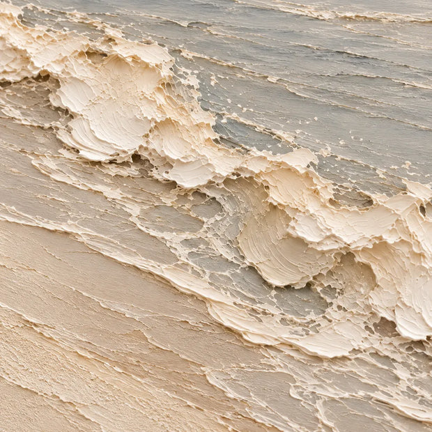 Ivory Gray Hand-Painted Oil Painting, Diagonal Shoreline Wave on a Pale Beach #A63VT0KF