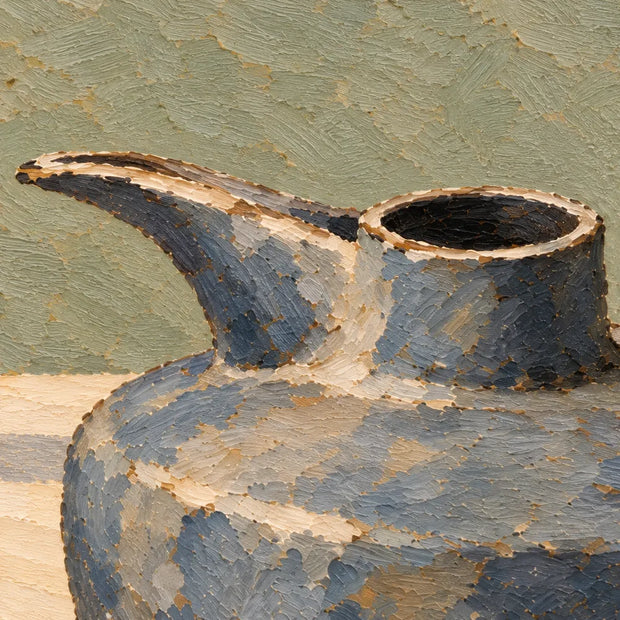 Sage Blue Hand-Painted Oil Painting, Low Jug, Golden Pear and Small Cup Still Life #O7T5XMCM