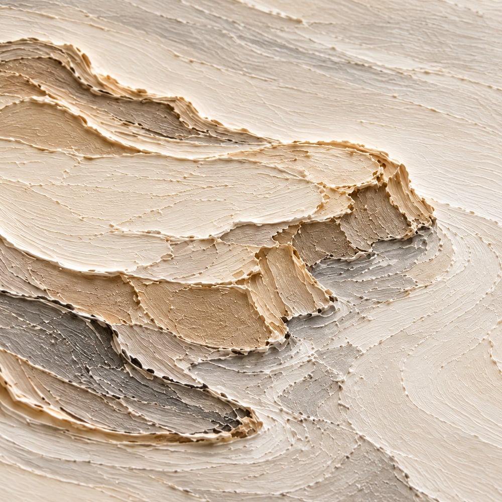 Cream and Taupe Hand-Painted 3D Textured Oil Painting, Terraced Abstract Landscape #HZKDB1K9