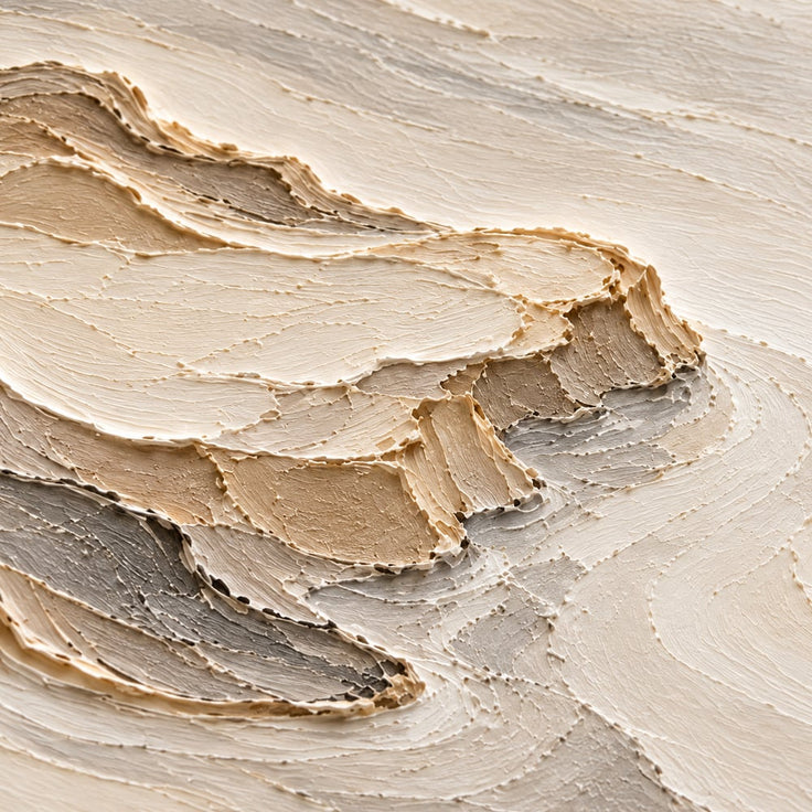 Cream and Taupe Hand-Painted 3D Textured Oil Painting, Terraced Abstract Landscape #HZKDB1K9