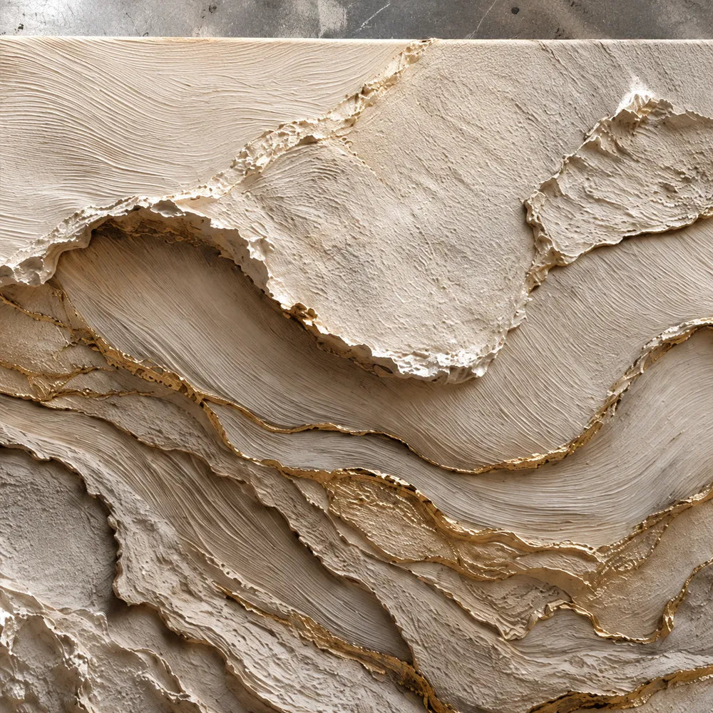 Ivory and Taupe Hand-Painted 3D Textured Oil Painting, Wavy Layer Abstract #QF2DVOSX