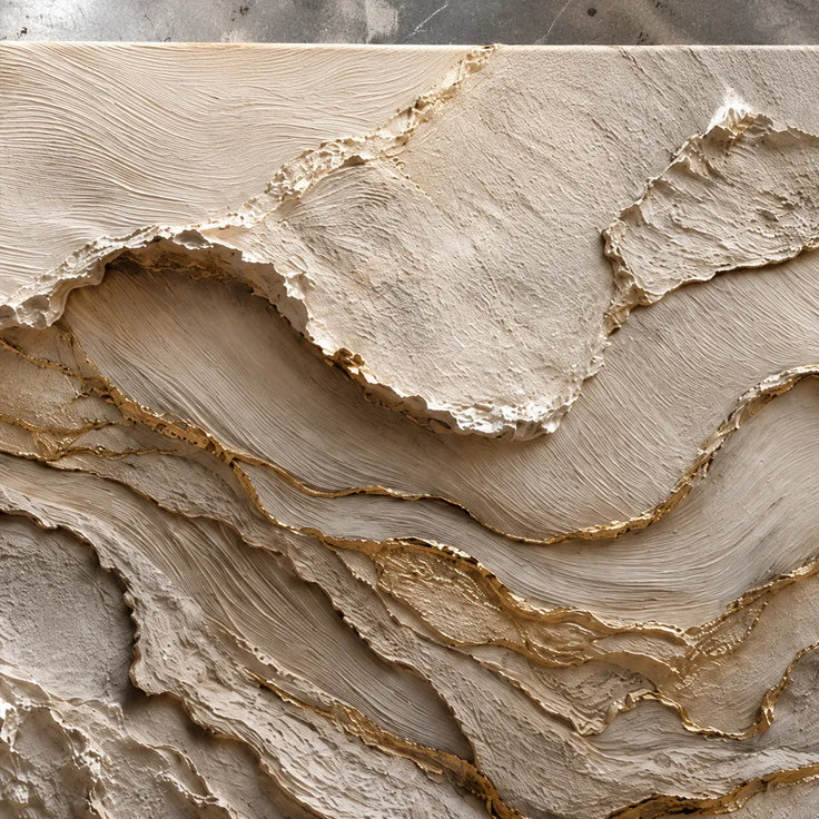 Ivory and Taupe Hand-Painted 3D Textured Oil Painting, Wavy Layer Abstract #QF2DVOSX