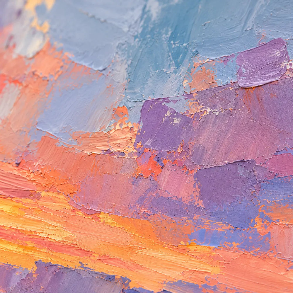 Orange & Lavender Hand-Painted Oil Painting, Three Riders in a Desert Sunset #22PVXDQ6