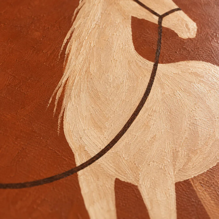 Rust Hand-Painted Oil Painting, Woman and White Horse in a Desert Landscape #O1EDDVZ6