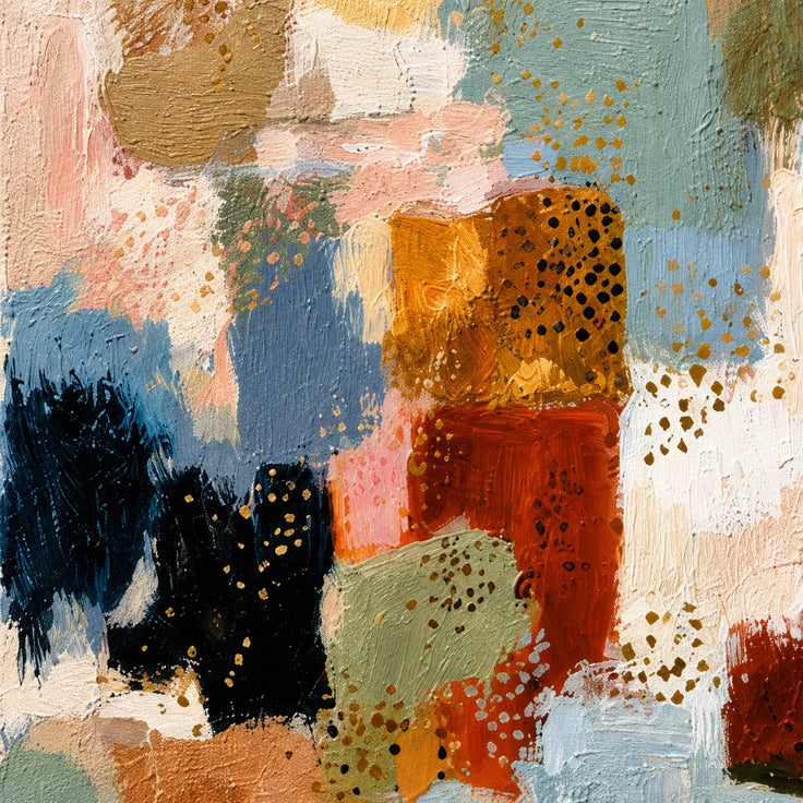 Muted Blue and Warm Neutrals Hand-Painted Oil Painting, Expressive Abstract Color Blocks #Q6Z31DUZ