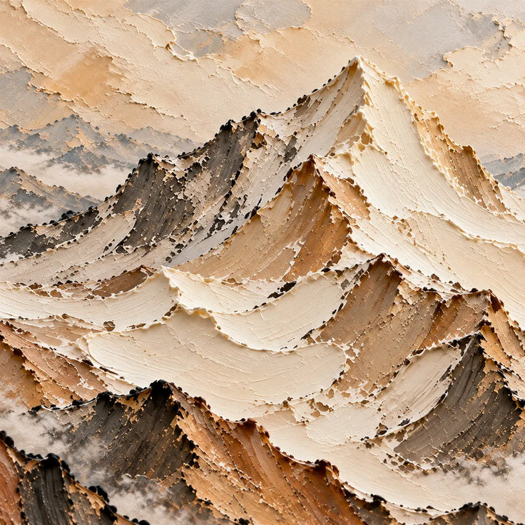 Beige and Charcoal Hand-Painted 3D Textured Oil Painting, Mountain Ridges in Mist #QUDVWPH3