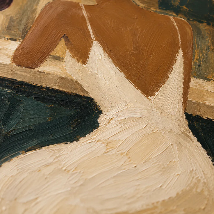 Earth-Tone Hand-Painted Oil Painting, Two Women in Wide-Brim Hats at a Bar #V8ML4SGZ
