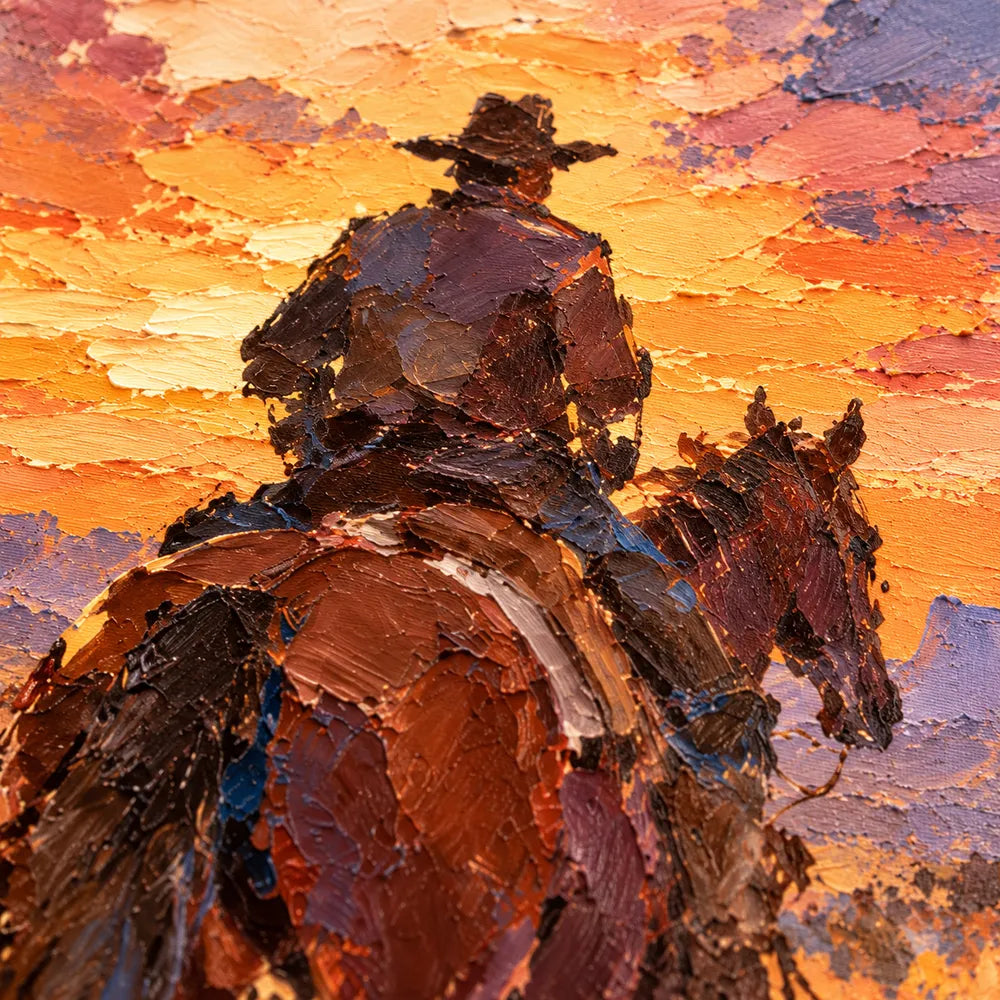 Orange Hand-Painted Oil Painting, Western Riders beneath a Sunset Sky #3T3ZPOIY