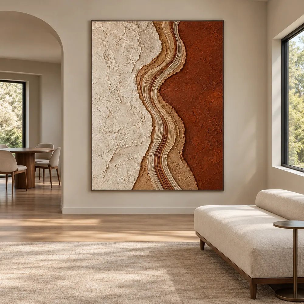 Cream & Terracotta Hand-Painted 3D Textured Oil Painting, Wavy Abstract Band #E5HLHQUE