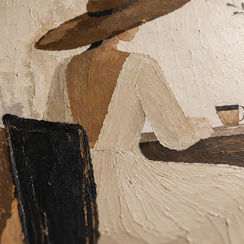 Beige & Brown Hand-Painted Oil Painting, Woman in a Wide-Brim Hat at a Cafe Table #P7VVP4SC