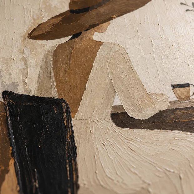 Beige & Brown Hand-Painted Oil Painting, Woman in a Wide-Brim Hat at a Cafe Table #P7VVP4SC
