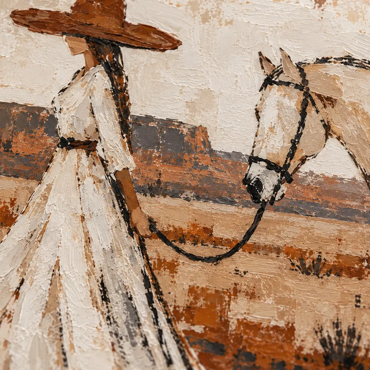 Cream & Rust Hand-Painted Oil Painting, Two Women Walking with a Horse #AROTNDU1
