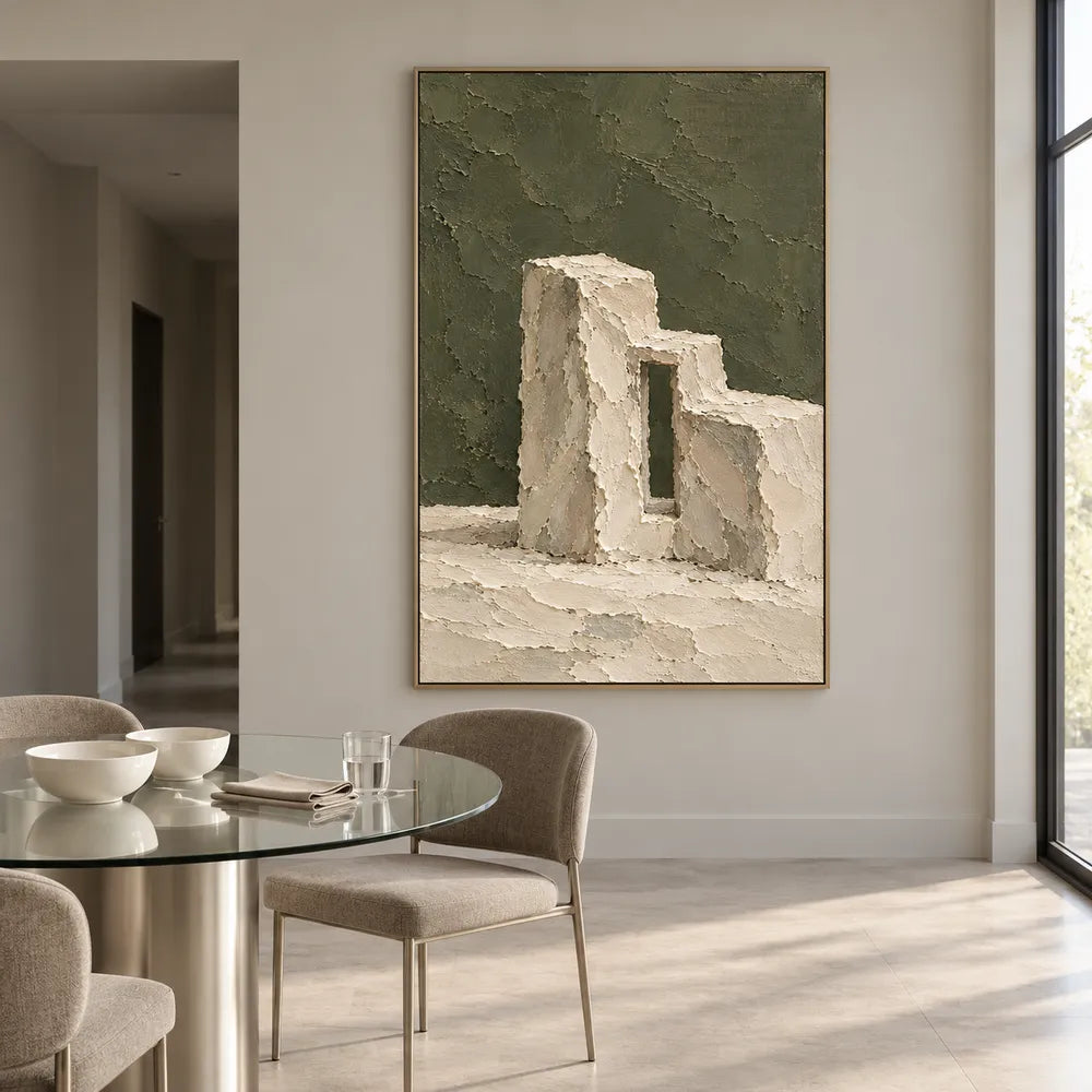 Olive Green Hand-Painted Painting, Cream Stepped Architecture #0MCLXG8H
